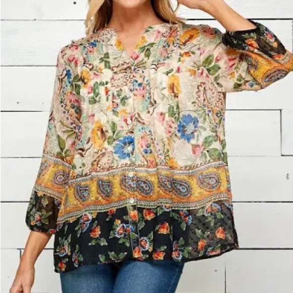 Fig & Flower Border Print Boho 3/4 Sleeve Blouse size medium - Picture 1 of 5